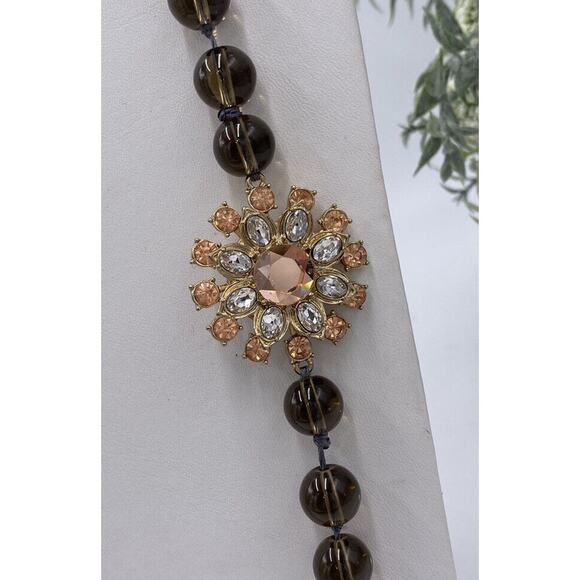 Hand Knotted Long Smoky Quartz Glass Beaded Rhinestone Flower Accent Necklace - Picture 6 of 11